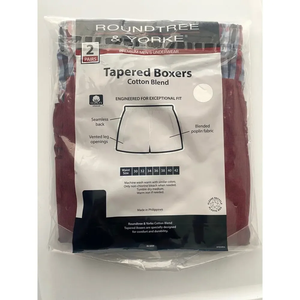 Roundtree & Yorke 2 Pack Tapered Boxer Boxers Plaid Cotton Blend Underwear 40